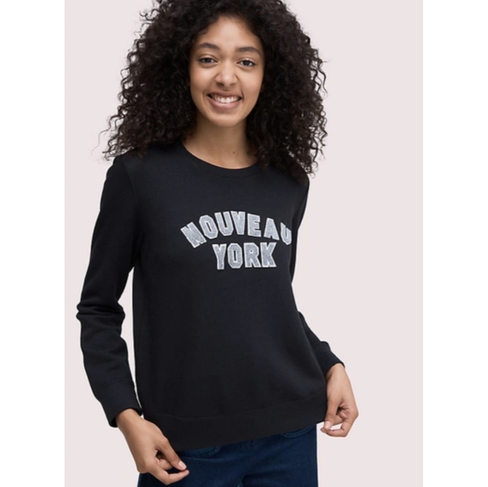 KATE SPADE Navy Blue Crew Neck Sweatshirt Size XS Letterman Patch Graphics